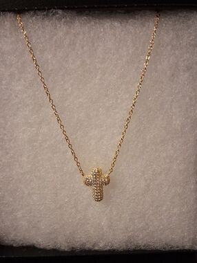 925 SS 14k GP Dominique Puffed Cross CZ Marked Necklace New With Box